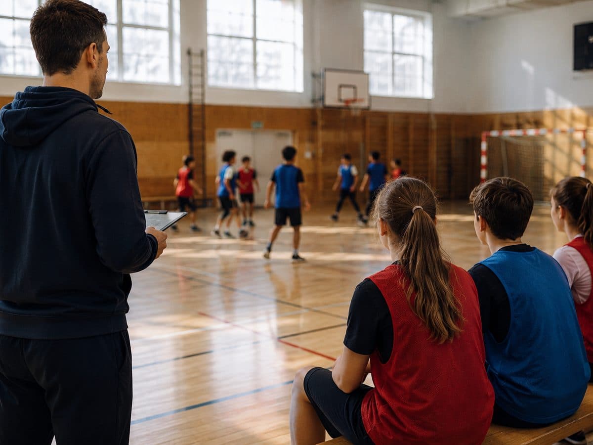 Un enseignant observe un match en salle de sport pendant que trois élèves en chasubles attendent leur tour sur un banc.